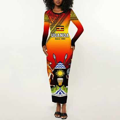 Personalised Uganda Independence Day Long Sleeve Bodycon Dress Jamhuri ya Uganda Coat Of Arms LT14