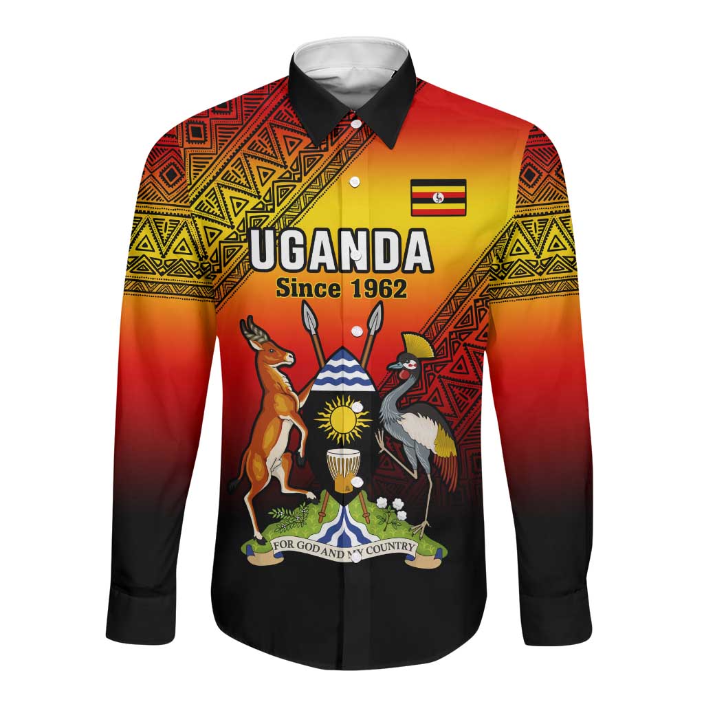 Personalised Uganda Independence Day Long Sleeve Button Shirt Jamhuri ya Uganda Coat Of Arms