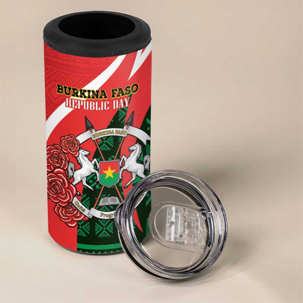 Personalized Burkina Faso Republic Day 4 in 1 Can Cooler Tumbler Bogolan Mudcloth - Coat Of Arms Design