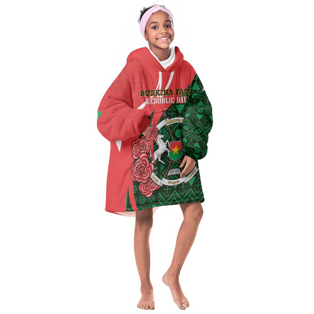 Personalized Burkina Faso Republic Day Kid Wearable Blanket Hoodie Bogolan Mudcloth - Coat Of Arms Design