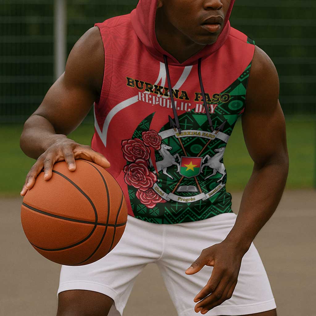 Personalized Burkina Faso Republic Day Sleeveless Hoodie Bogolan Mudcloth - Coat Of Arms Design - African Pride