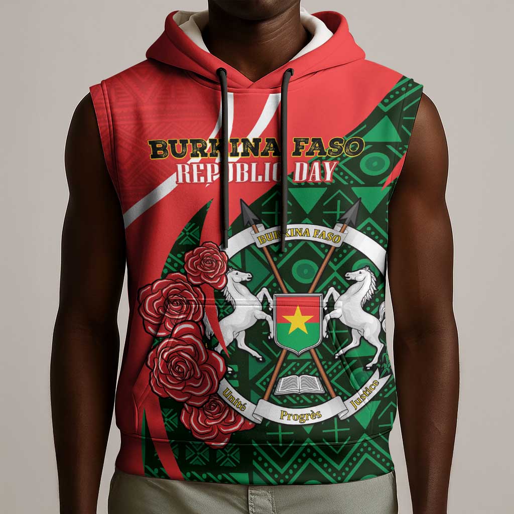 Personalized Burkina Faso Republic Day Sleeveless Hoodie Bogolan Mudcloth - Coat Of Arms Design - African Pride