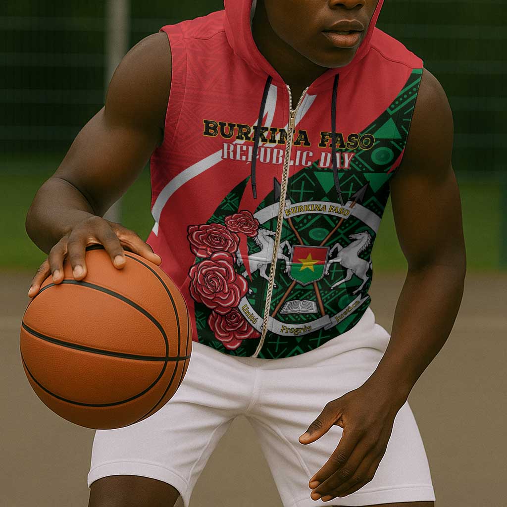 Personalized Burkina Faso Republic Day Sleeveless Zip Hoodie Bogolan Mudcloth - Coat Of Arms Design - African Pride
