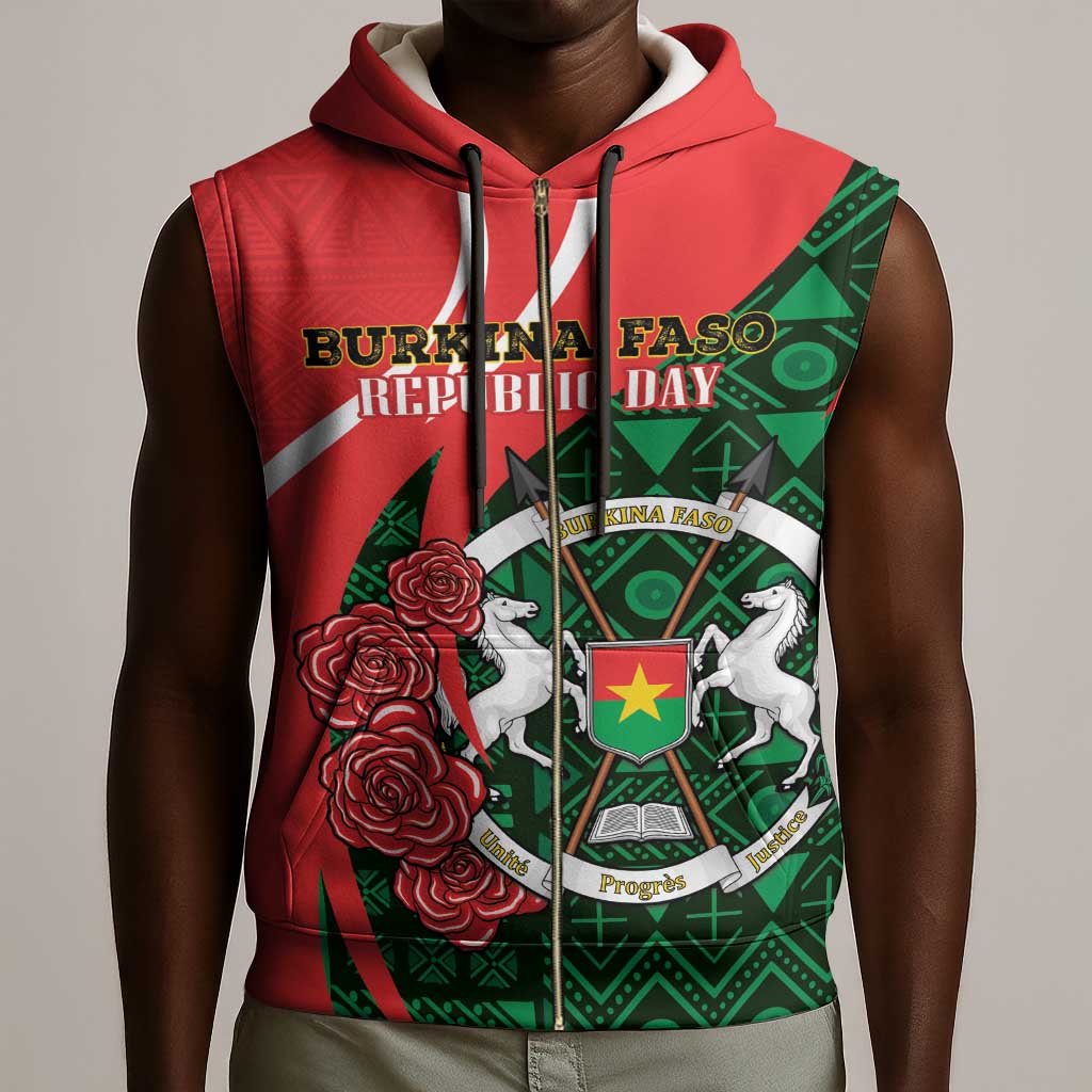 Personalized Burkina Faso Republic Day Sleeveless Zip Hoodie Bogolan Mudcloth - Coat Of Arms Design - African Pride