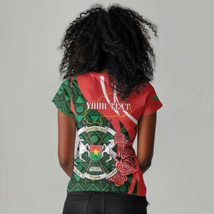 Personalized Burkina Faso Republic Day Women V-Neck T-Shirt Bogolan Mudcloth - Coat Of Arms Design