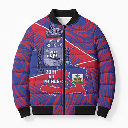 Port-au-Prince Afro-Haitians Bomber Puffer Jacket Ayiti Map Pòtoprens Flag Color - African Pride