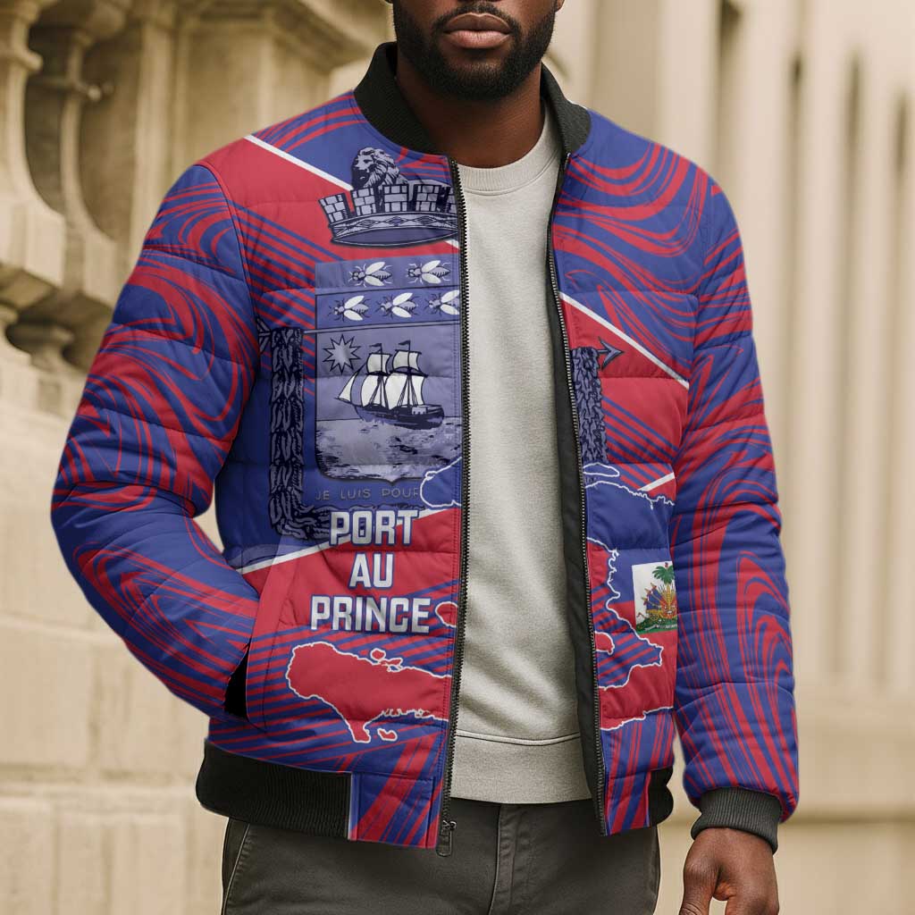 Port-au-Prince Afro-Haitians Bomber Puffer Jacket Ayiti Map Pòtoprens Flag Color - African Pride