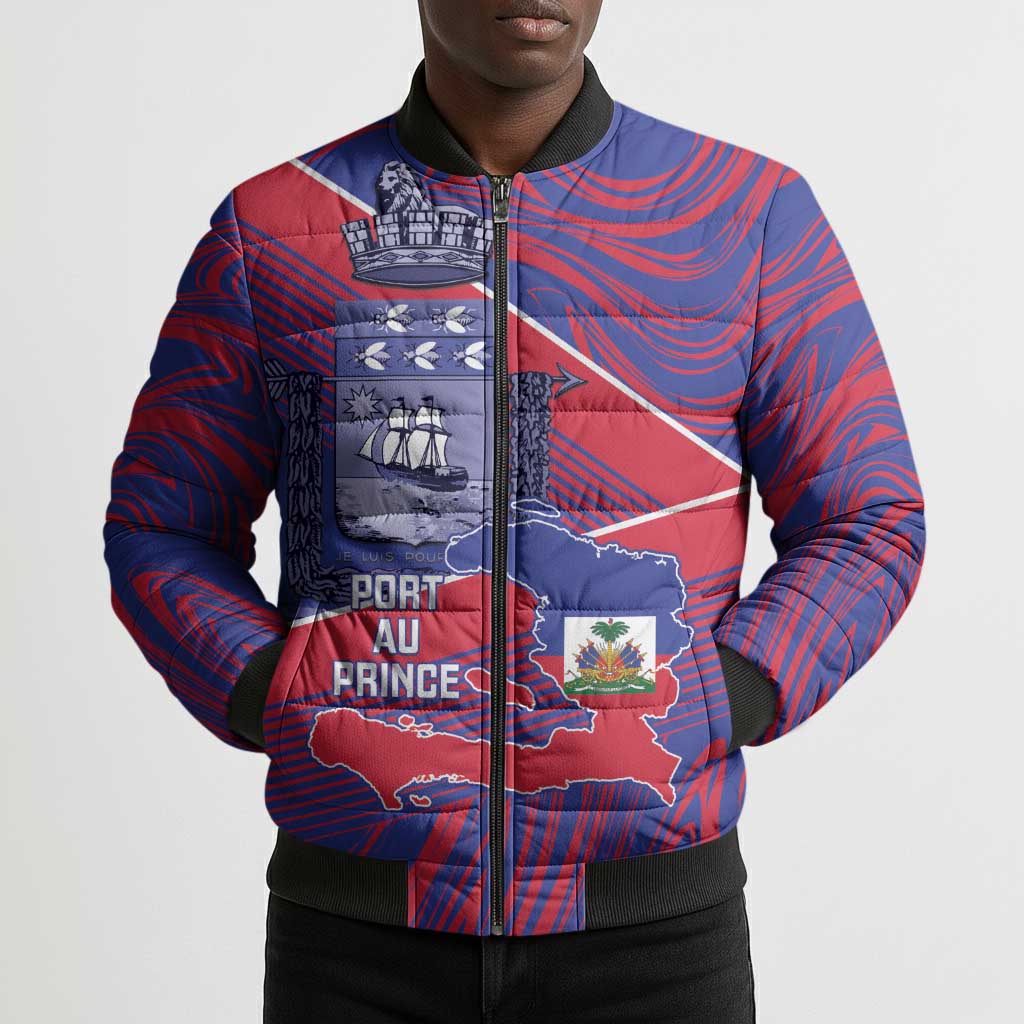 Port-au-Prince Afro-Haitians Bomber Puffer Jacket Ayiti Map Pòtoprens Flag Color - African Pride