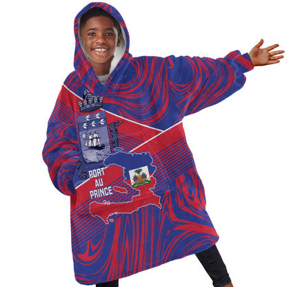 Port-au-Prince Afro-Haitians Kid Wearable Blanket Hoodie Ayiti Map Pòtoprens Flag Color - African Pride