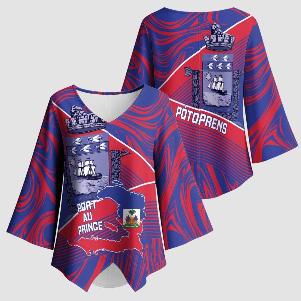 Port-au-Prince Afro-Haitians Kimono Sleeve Blouse Ayiti Map Pòtoprens Flag Color - African Pride