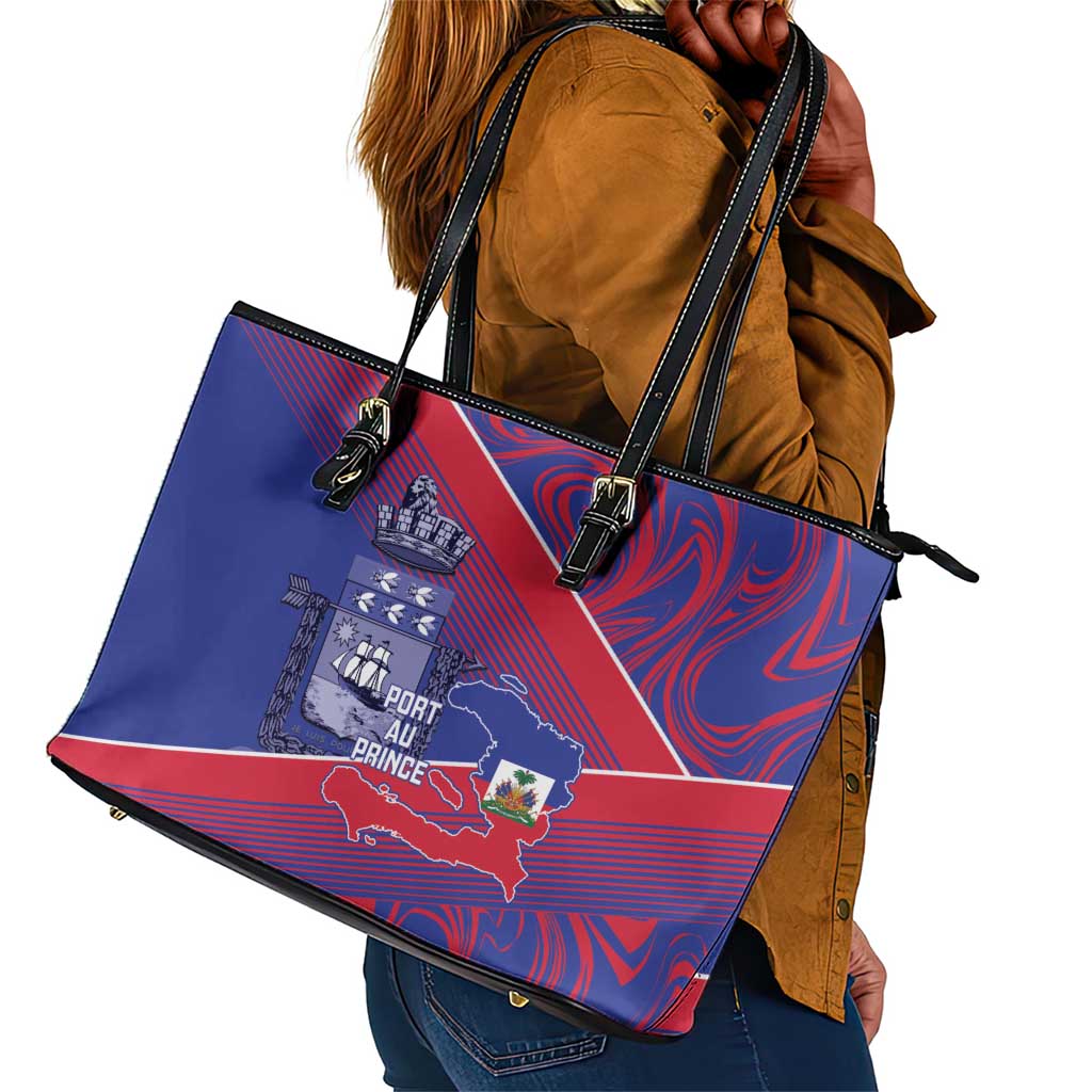 Port-au-Prince Afro-Haitians Leather Tote Bag Ayiti Map Pòtoprens Flag Color - African Pride