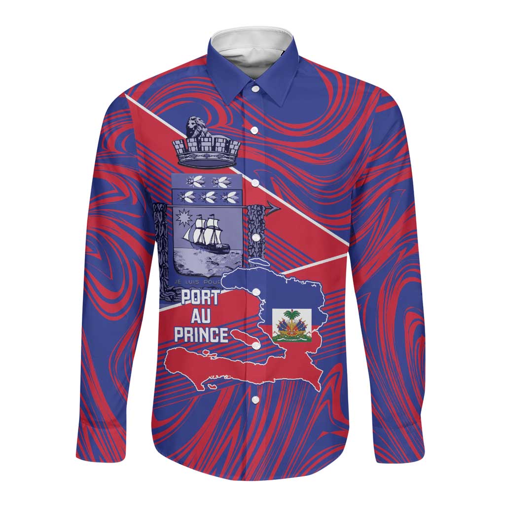 Port-au-Prince Afro-Haitians Long Sleeve Button Shirt Ayiti Map Pòtoprens Flag Color - African Pride