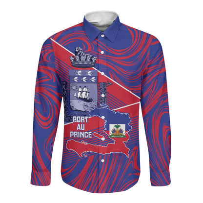 Port-au-Prince Afro-Haitians Long Sleeve Button Shirt Ayiti Map Pòtoprens Flag Color - African Pride