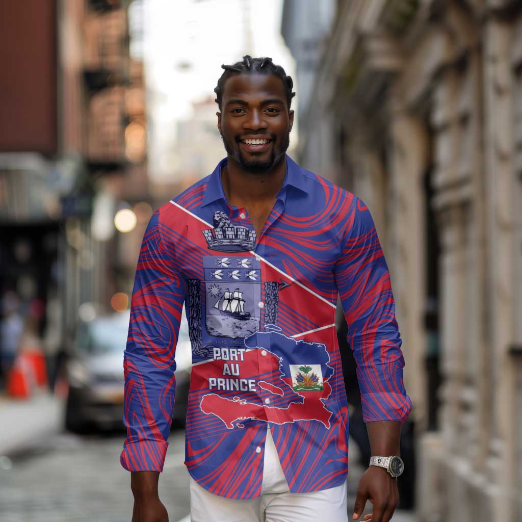 Port-au-Prince Afro-Haitians Long Sleeve Button Shirt Ayiti Map Pòtoprens Flag Color - African Pride