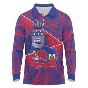 Port-au-Prince Afro-Haitians Long Sleeve Polo Shirt Ayiti Map Pòtoprens Flag Color - African Pride