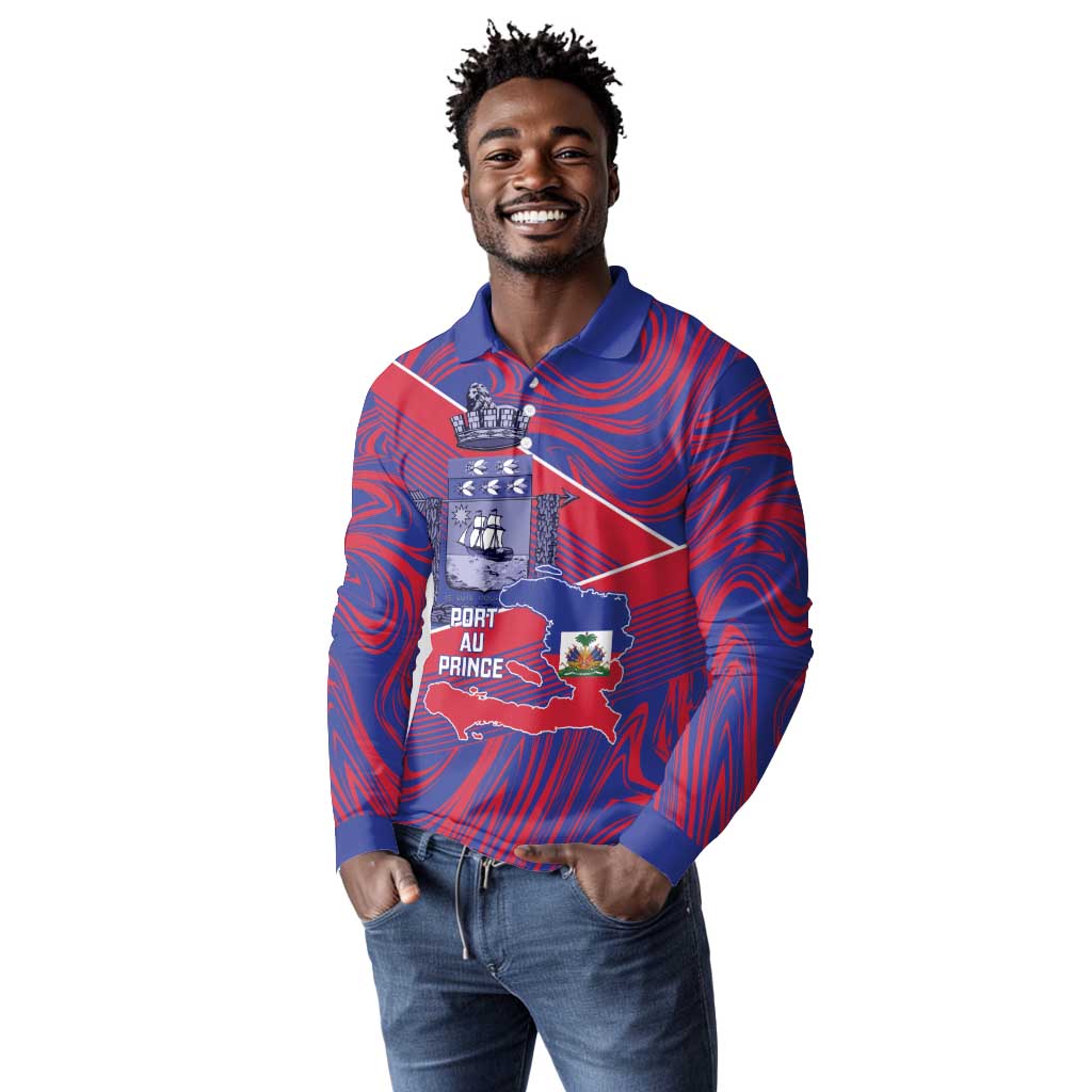 Port-au-Prince Afro-Haitians Long Sleeve Polo Shirt Ayiti Map Pòtoprens Flag Color - African Pride