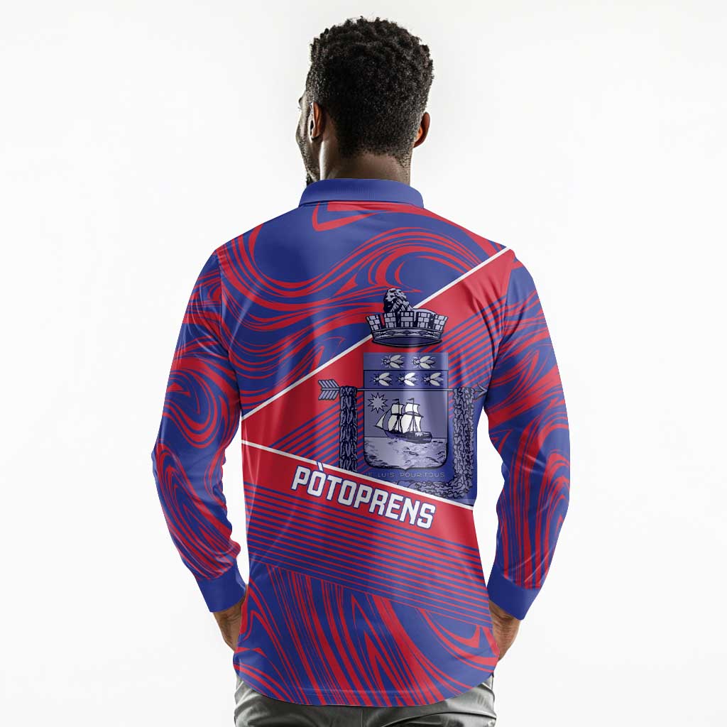 Port-au-Prince Afro-Haitians Long Sleeve Polo Shirt Ayiti Map Pòtoprens Flag Color - African Pride