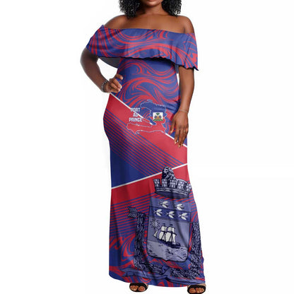 Port-au-Prince Afro-Haitians Off Shoulder Maxi Dress Ayiti Map Pòtoprens Flag Color - African Pride