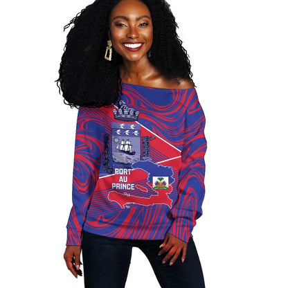 Port-au-Prince Afro-Haitians Off Shoulder Sweater Ayiti Map Pòtoprens Flag Color - African Pride