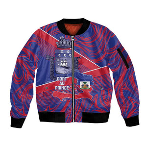 Port-au-Prince Afro-Haitians Sleeve Zip Bomber Jacket Ayiti Map Pòtoprens Flag Color - African Pride