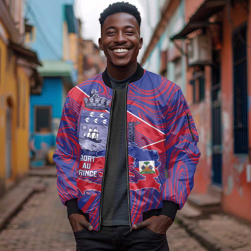 Port-au-Prince Afro-Haitians Sleeve Zip Bomber Jacket Ayiti Map Pòtoprens Flag Color - African Pride