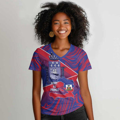 Port-au-Prince Afro-Haitians Women V-Neck T-Shirt Ayiti Map Pòtoprens Flag Color LT14