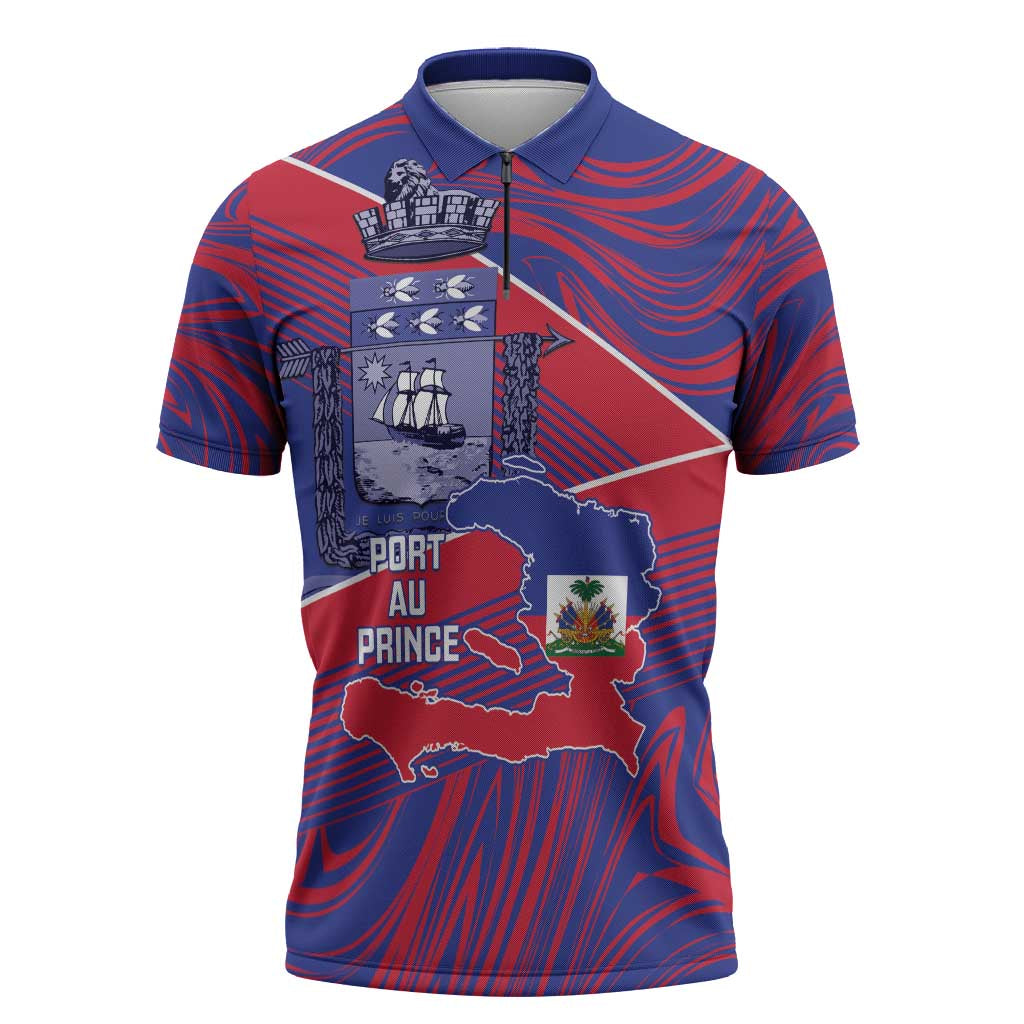 Port-au-Prince Afro-Haitians Zipper Polo Shirt Ayiti Map Pòtoprens Flag Color - African Pride