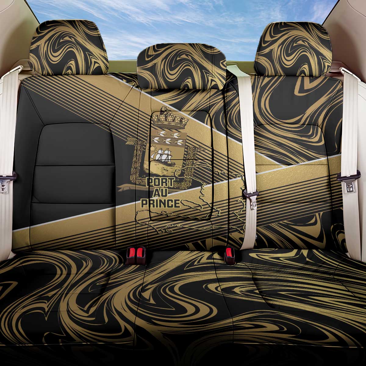 Port-au-Prince Afro-Haitians Back Car Seat Cover Ayiti Map Pòtoprens Gold Color - African Pride