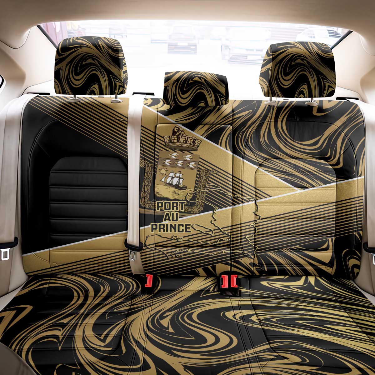 Port-au-Prince Afro-Haitians Back Car Seat Cover Ayiti Map Pòtoprens Gold Color - African Pride