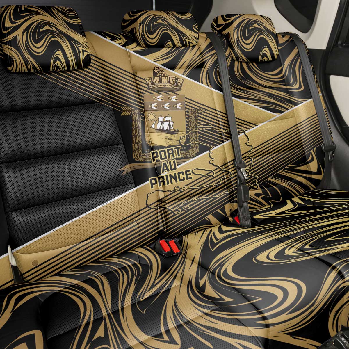 Port-au-Prince Afro-Haitians Back Car Seat Cover Ayiti Map Pòtoprens Gold Color - African Pride