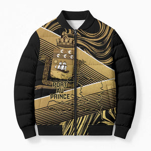 Port-au-Prince Afro-Haitians Bomber Puffer Jacket Ayiti Map Pòtoprens Gold Color - African Pride