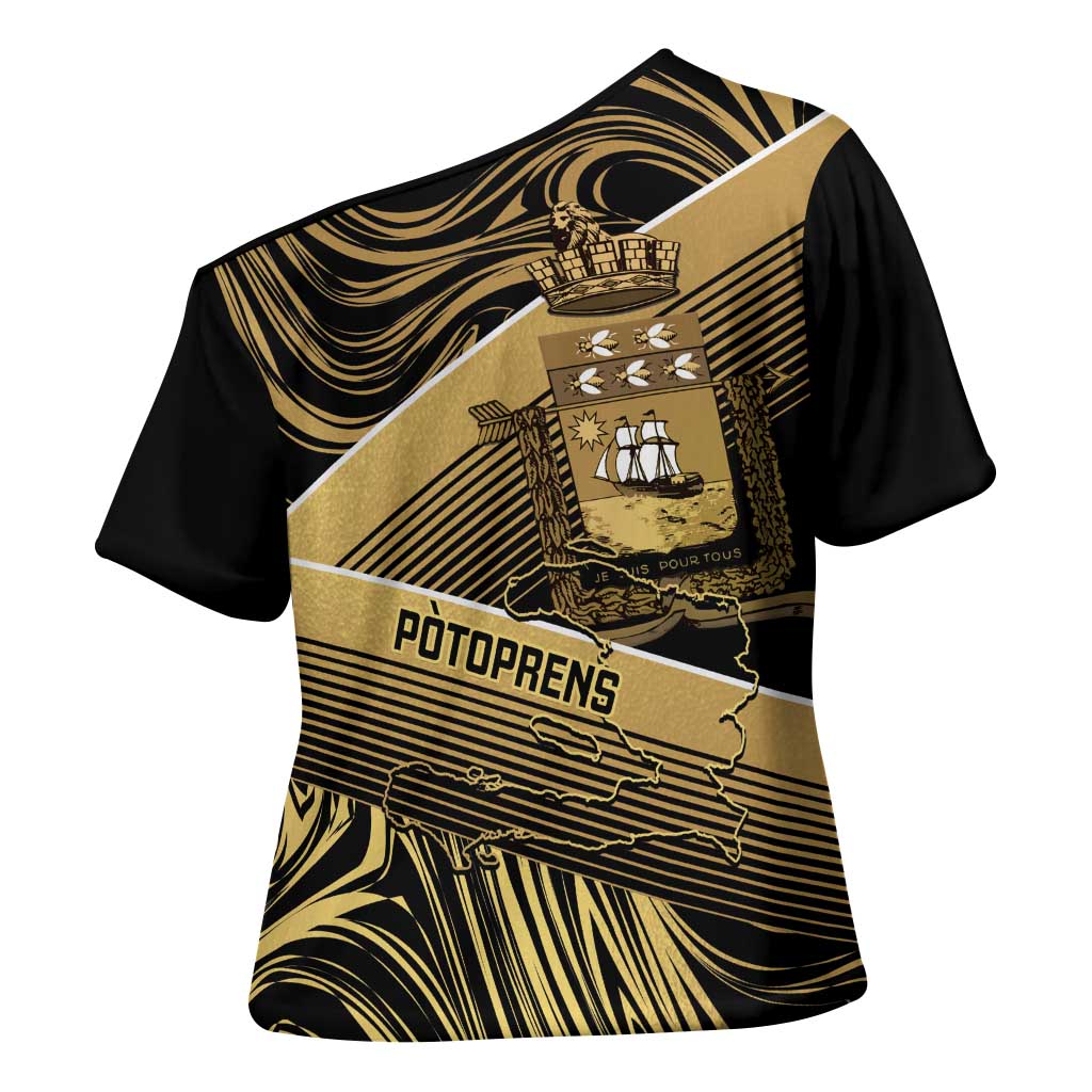 Port-au-Prince Afro-Haitians Cross Shoulder Shirt Ayiti Map Pòtoprens Gold Color - African Pride