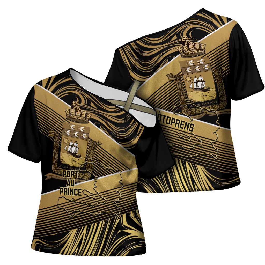 Port-au-Prince Afro-Haitians Cross Shoulder Shirt Ayiti Map Pòtoprens Gold Color - African Pride