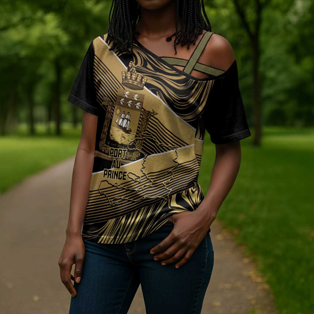 Port-au-Prince Afro-Haitians Cross Shoulder Shirt Ayiti Map Pòtoprens Gold Color - African Pride