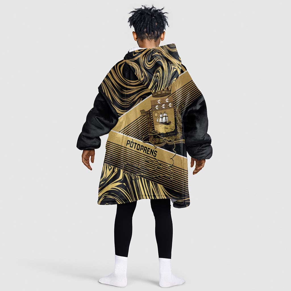 Port-au-Prince Afro-Haitians Kid Wearable Blanket Hoodie Ayiti Map Pòtoprens Gold Color - African Pride