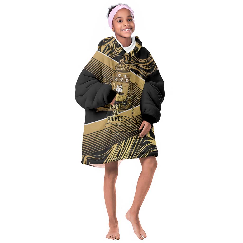 Port-au-Prince Afro-Haitians Kid Wearable Blanket Hoodie Ayiti Map Pòtoprens Gold Color - African Pride