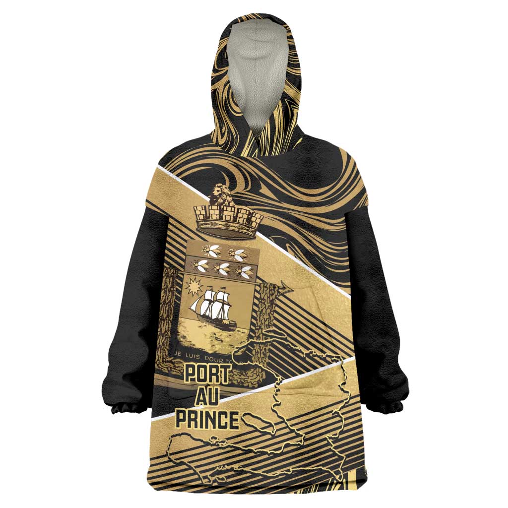 Port-au-Prince Afro-Haitians Kid Wearable Blanket Hoodie Ayiti Map Pòtoprens Gold Color - African Pride