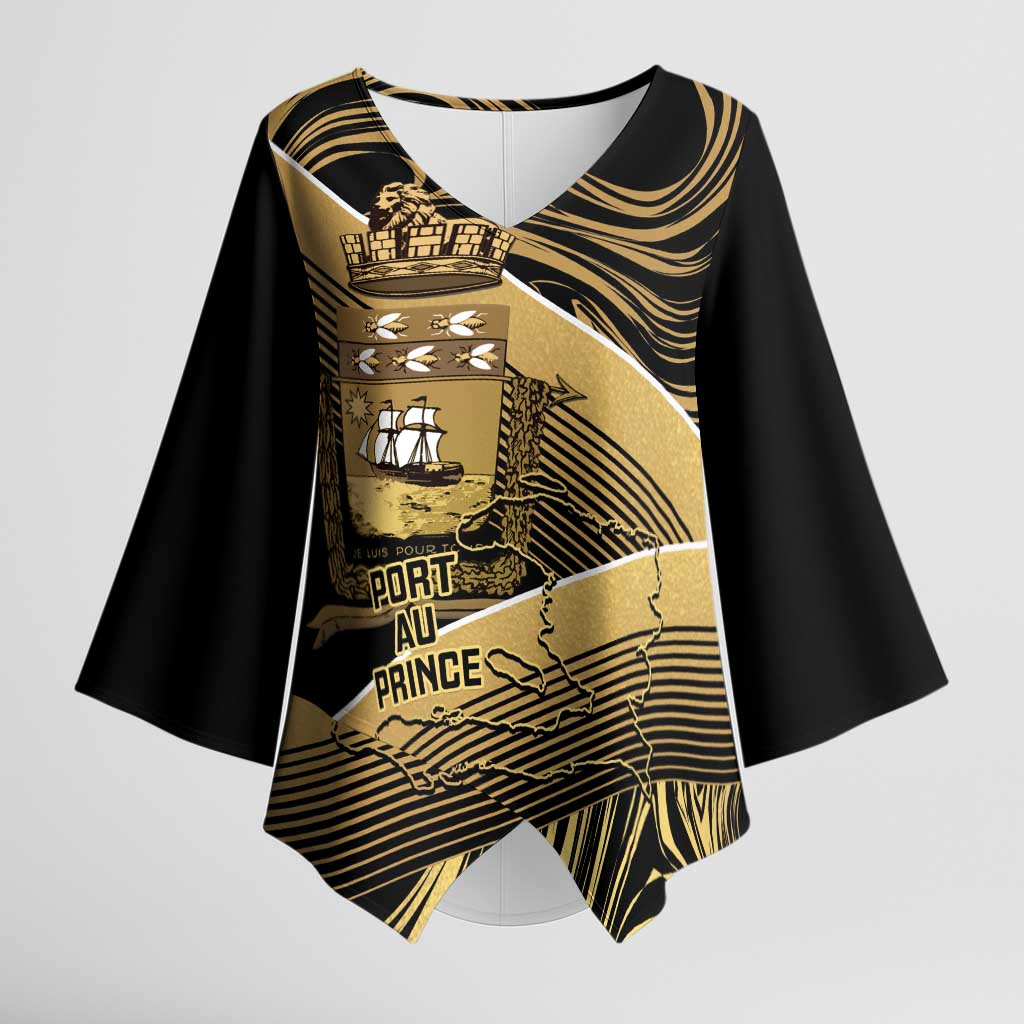 Port-au-Prince Afro-Haitians Kimono Sleeve Blouse Ayiti Map Pòtoprens Gold Color - African Pride
