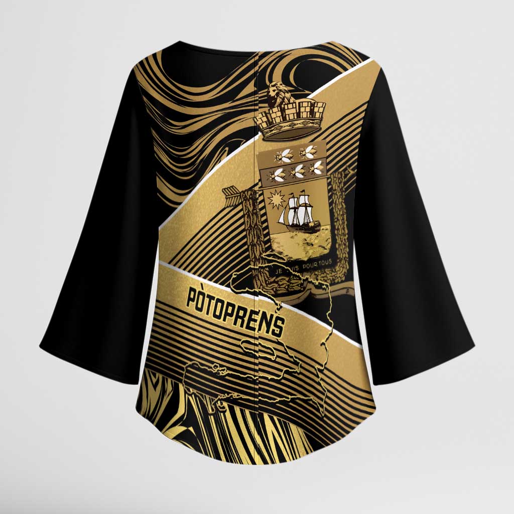 Port-au-Prince Afro-Haitians Kimono Sleeve Blouse Ayiti Map Pòtoprens Gold Color - African Pride