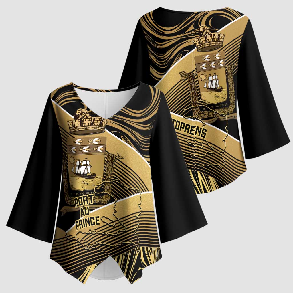 Port-au-Prince Afro-Haitians Kimono Sleeve Blouse Ayiti Map Pòtoprens Gold Color - African Pride