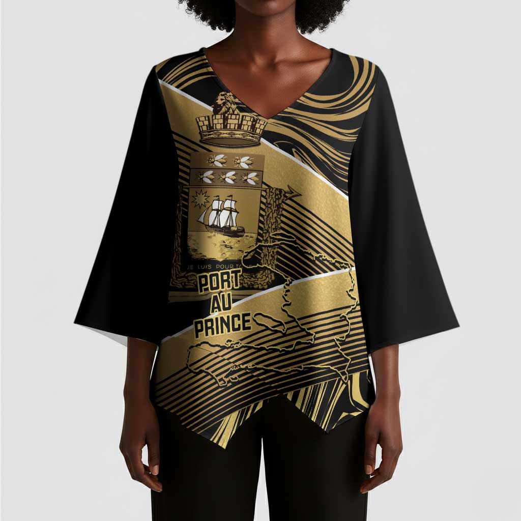 Port-au-Prince Afro-Haitians Kimono Sleeve Blouse Ayiti Map Pòtoprens Gold Color - African Pride