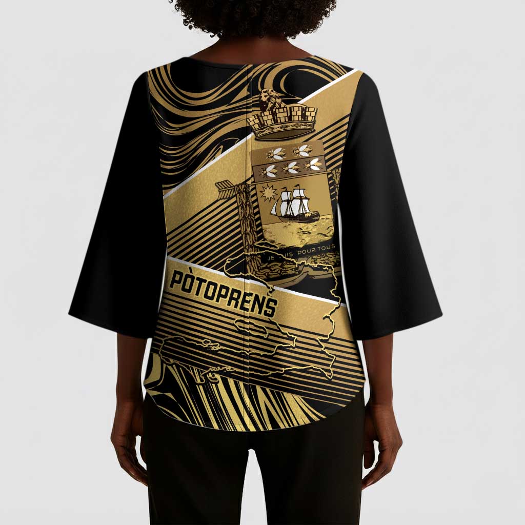 Port-au-Prince Afro-Haitians Kimono Sleeve Blouse Ayiti Map Pòtoprens Gold Color - African Pride