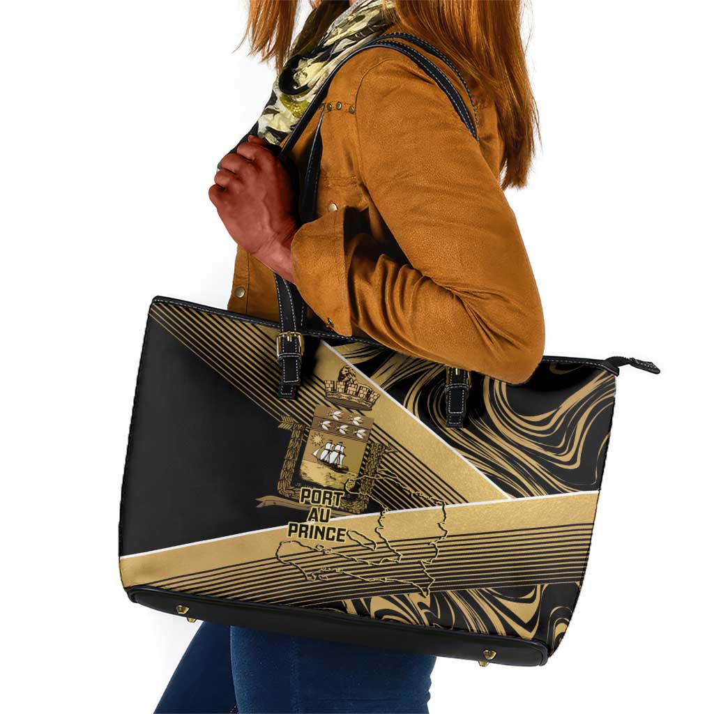 Port-au-Prince Afro-Haitians Leather Tote Bag Ayiti Map Pòtoprens Gold Color - African Pride