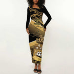 Port-au-Prince Afro-Haitians Long Sleeve Bodycon Dress Ayiti Map Pòtoprens Gold Color - African Pride