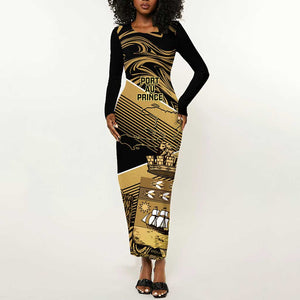Port-au-Prince Afro-Haitians Long Sleeve Bodycon Dress Ayiti Map Pòtoprens Gold Color - African Pride
