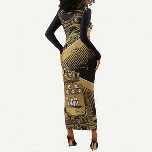 Port-au-Prince Afro-Haitians Long Sleeve Bodycon Dress Ayiti Map Pòtoprens Gold Color - African Pride