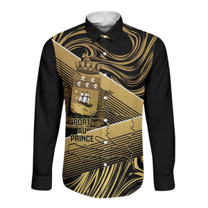 Port-au-Prince Afro-Haitians Long Sleeve Button Shirt Ayiti Map Pòtoprens Gold Color - African Pride