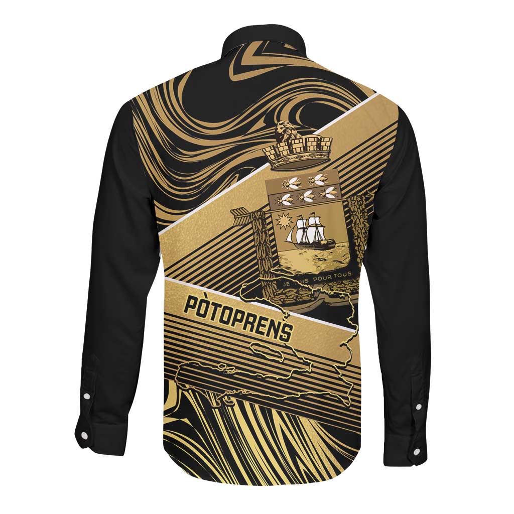 Port-au-Prince Afro-Haitians Long Sleeve Button Shirt Ayiti Map Pòtoprens Gold Color - African Pride