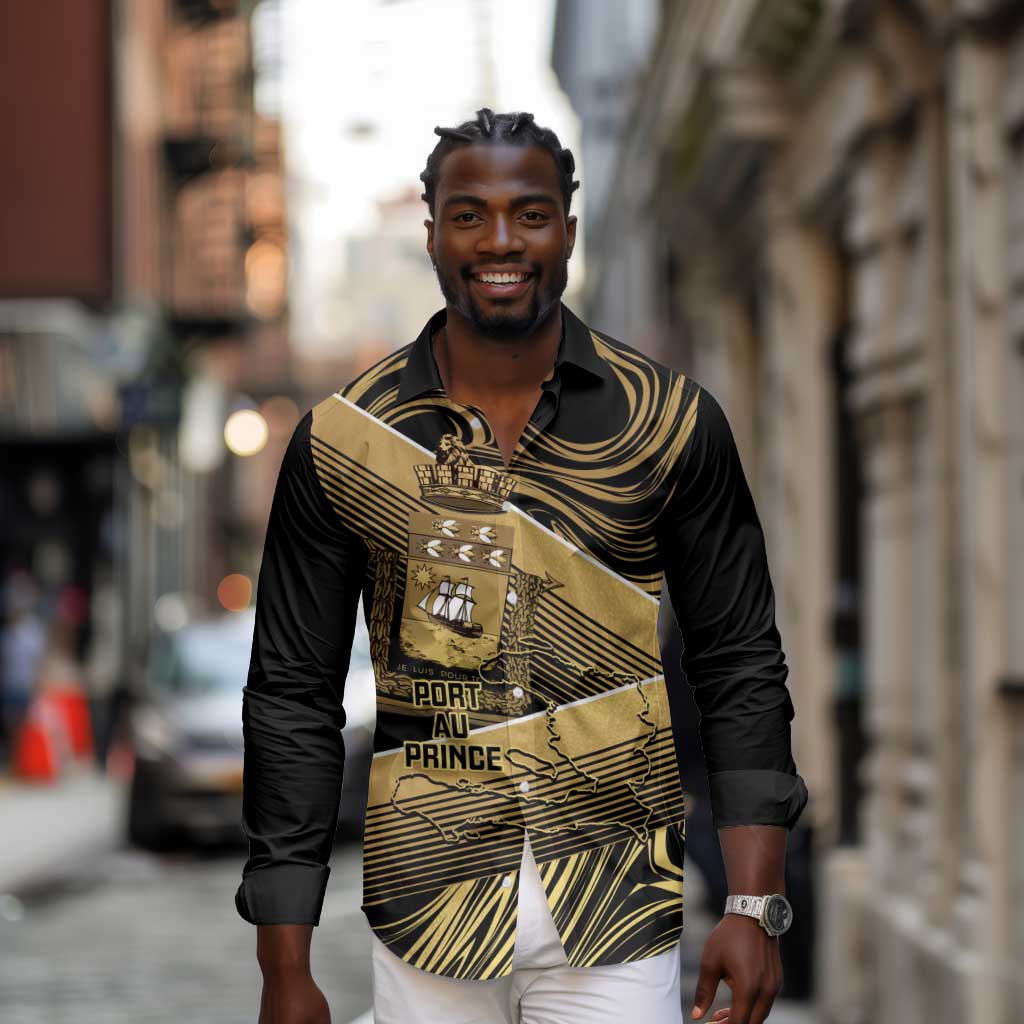 Port-au-Prince Afro-Haitians Long Sleeve Button Shirt Ayiti Map Pòtoprens Gold Color - African Pride