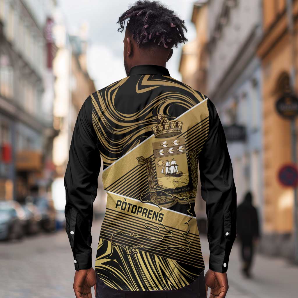 Port-au-Prince Afro-Haitians Long Sleeve Button Shirt Ayiti Map Pòtoprens Gold Color - African Pride